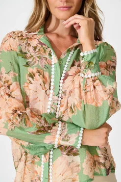 Sale Lynelle Shirt in Green Floral with White Contrast Trim Tops