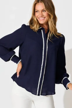 New Lynelle Shirt in Navy with White Contrast Trim Tops|Party & Occasion
