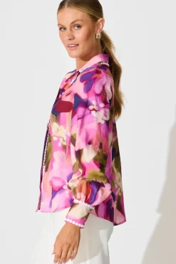 Outlet Lynelle Shirt in Plum Multi Watercolour with Contrast Trim Tops|Party & Occasion
