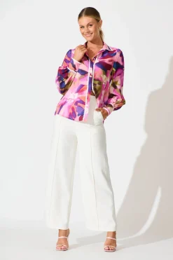 Outlet Lynelle Shirt in Plum Multi Watercolour with Contrast Trim Tops|Party & Occasion