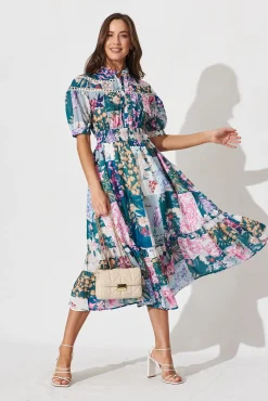 Fashion Lynette Midi Dress In Dark Green Patch Floral Dresses|Casual