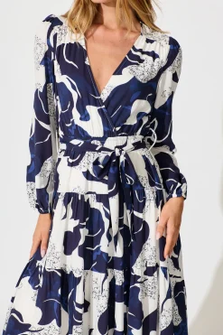 New Lyons Midi Dress in White with Navy Print Dresses|Casual