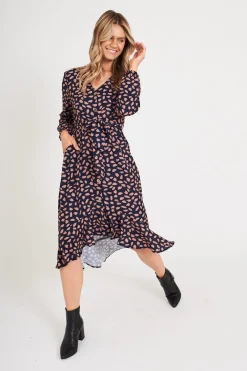 Outlet Mabo Midi Dress In Navy With Rust Leaf Dresses|Casual