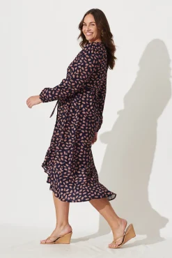 Outlet Mabo Midi Dress In Navy With Rust Leaf Dresses|Casual