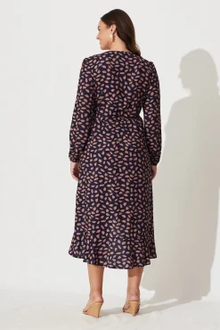 Outlet Mabo Midi Dress In Navy With Rust Leaf Dresses|Casual