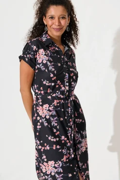 Outlet Maddison Shirt Dress In Black With Cherry Blossom Dresses|Casual
