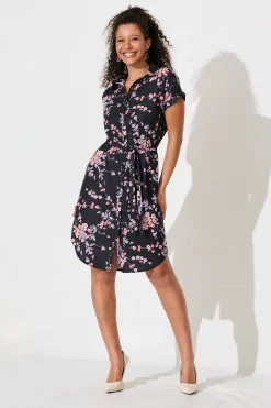 Outlet Maddison Shirt Dress In Black With Cherry Blossom Dresses|Casual