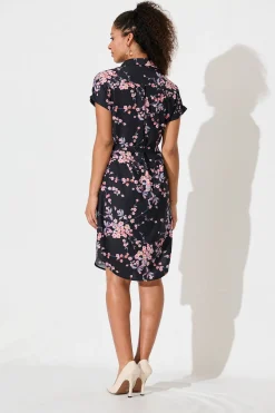 Outlet Maddison Shirt Dress In Black With Cherry Blossom Dresses|Casual
