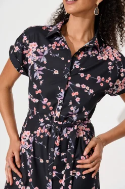 Outlet Maddison Shirt Dress In Black With Cherry Blossom Dresses|Casual