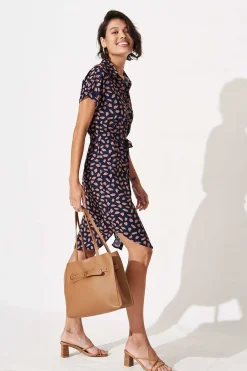 Sale Maddison Shirt Dress in Navy with Rust Leaf Dresses|Casual
