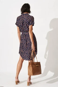 Sale Maddison Shirt Dress in Navy with Rust Leaf Dresses|Casual