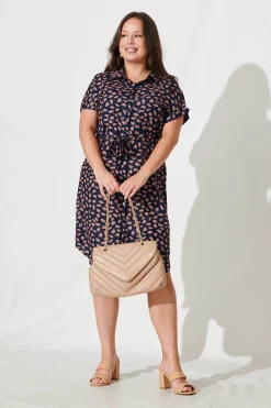 Sale Maddison Shirt Dress in Navy with Rust Leaf Dresses|Casual