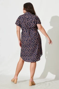 Sale Maddison Shirt Dress in Navy with Rust Leaf Dresses|Casual