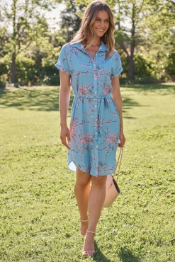 New Maddison Shirt Dress In Pale Blue With Pink Cherry Blossom Dresses|Casual