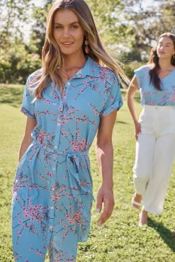New Maddison Shirt Dress In Pale Blue With Pink Cherry Blossom Dresses|Casual