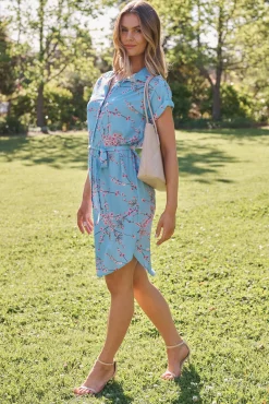 New Maddison Shirt Dress In Pale Blue With Pink Cherry Blossom Dresses|Casual