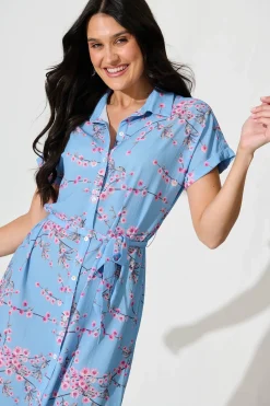 New Maddison Shirt Dress In Pale Blue With Pink Cherry Blossom Dresses|Casual
