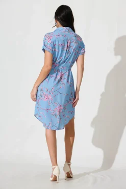 New Maddison Shirt Dress In Pale Blue With Pink Cherry Blossom Dresses|Casual