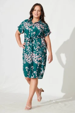Clearance Maddison Shirt Dress In Teal With Pink Cherry Blossom Dresses|Casual