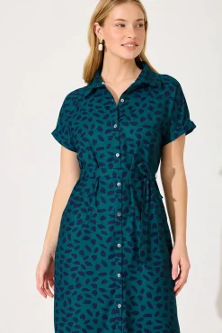 Sale Maddison Shirt Dress In Teal With Navy Leaf Dresses|Casual