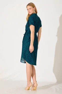 Sale Maddison Shirt Dress In Teal With Navy Leaf Dresses|Casual