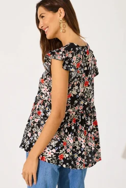 Fashion Maila Top In Black With Blush Multi Floral Tops|Casual