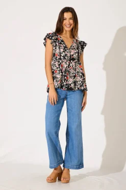 Fashion Maila Top In Black With Blush Multi Floral Tops|Casual