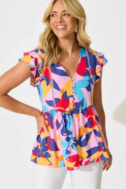 Outlet Maila Top In Bright Multi Leaf Print Tops|Casual
