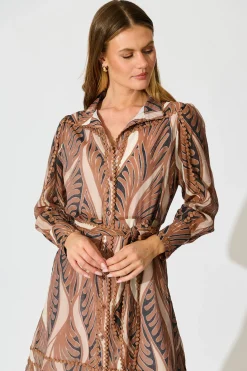Sale Malhia Shirt Dress in Brown with Tan Cotton Blend Dresses|Party