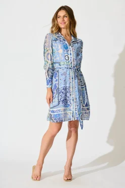 Sale Malhia Shirt Dress in Multi Blue Cotton Blend Dresses|Party
