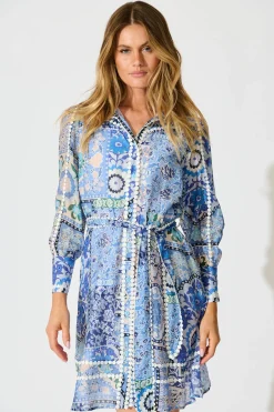 Sale Malhia Shirt Dress in Multi Blue Cotton Blend Dresses|Party