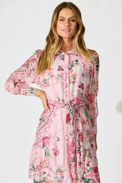 Fashion Malhia Shirt Dress in Pink Floral Cotton Blend Dresses|Party