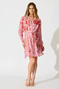 Sale Malhia Shirt Dress in Pink with Red Cotton Blend Dresses|Party