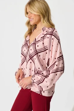 Discount Marcella Top in Pink with Wine Print Tops