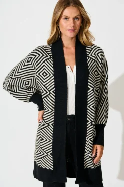 Fashion Marcelle Knit Cardigan in Black Aztec Wool Blend Knitwear|Knitwear