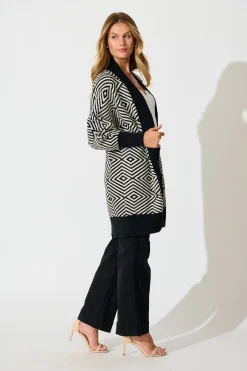 Fashion Marcelle Knit Cardigan in Black Aztec Wool Blend Knitwear|Knitwear