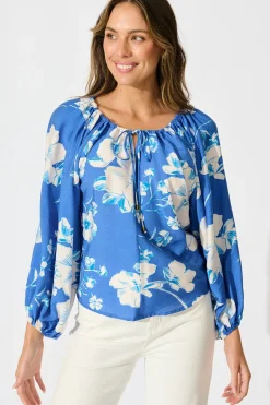 Fashion Marcy Top in Blue with White Floral Linen Blend Tops