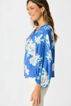 Fashion Marcy Top in Blue with White Floral Linen Blend Tops