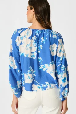 Fashion Marcy Top in Blue with White Floral Linen Blend Tops