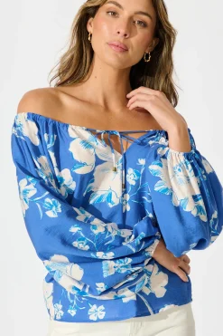 Fashion Marcy Top in Blue with White Floral Linen Blend Tops