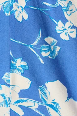 Fashion Marcy Top in Blue with White Floral Linen Blend Tops