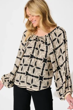 Fashion Marcy Top in Cream with Black Tile Print Tops