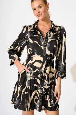 Best Marge Shirt Dress in Black and Cream Satin Dresses|Casual