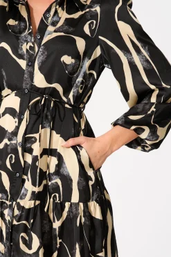 Best Marge Shirt Dress in Black and Cream Satin Dresses|Casual