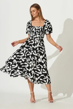 Fashion Mariam Midi Dress In Black With White Print Dresses|Casual