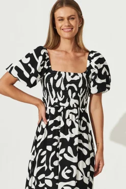 Fashion Mariam Midi Dress In Black With White Print Dresses|Casual
