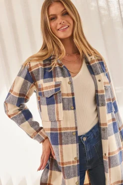 Best Mariana Shacket in Cream with Blue Check Wool Blend Outerwear|Outerwear
