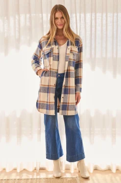 Best Mariana Shacket in Cream with Blue Check Wool Blend Outerwear|Outerwear