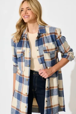 Best Mariana Shacket in Cream with Blue Check Wool Blend Outerwear|Outerwear
