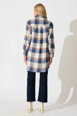 Best Mariana Shacket in Cream with Blue Check Wool Blend Outerwear|Outerwear